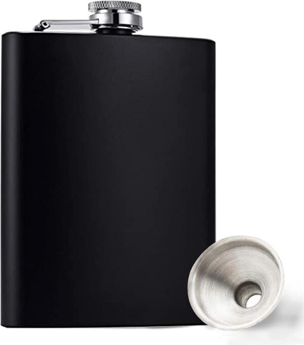 A matte black engravable hip flask with a stainless steel funnel beside it.