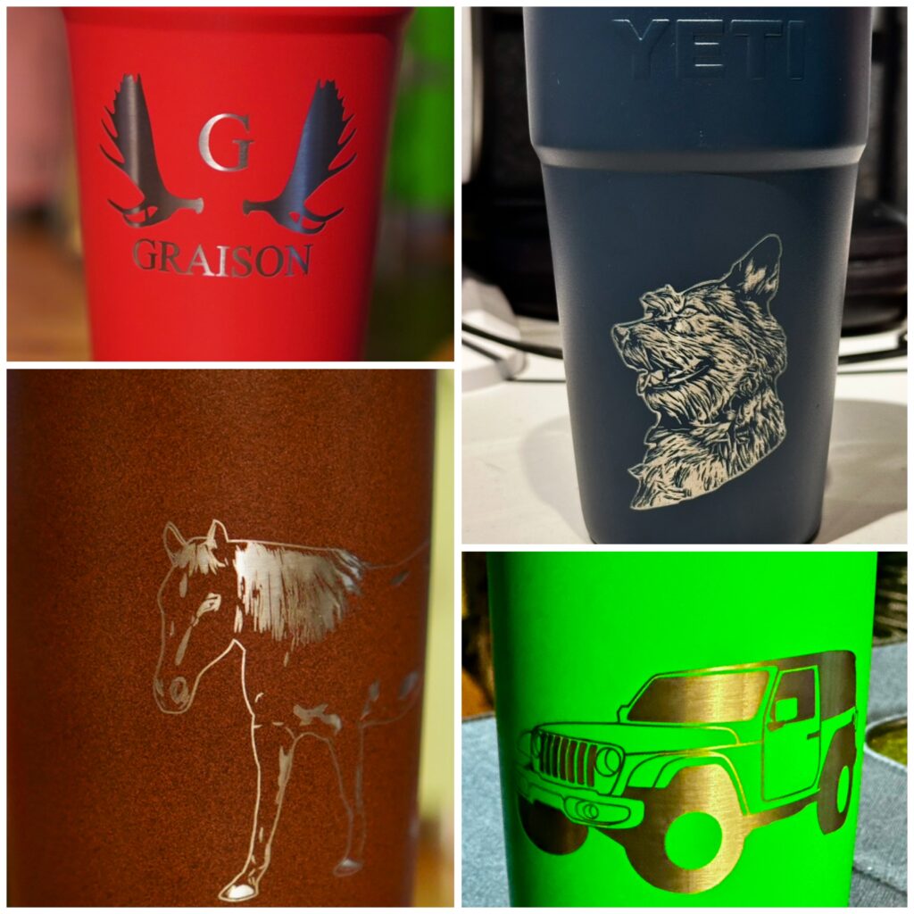 A collage of four laser engraved yeti tumblers. They show the name "Graison" between moose antlers, a photo of a dog, a photo of a horse, and a photo of a jeep.